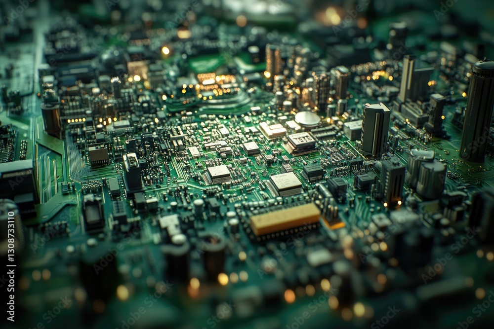 Poster a close-up view of a complex circuit board, resembling a miniature city of electronics.