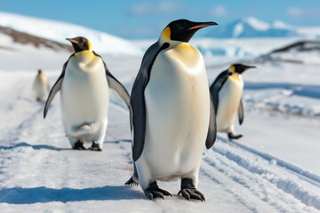 Fototapeta premium Emperor penguins marching on antarctic ice