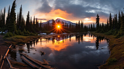 serene sunset over mountain landscape reflects in tranquil lake, surrounded by tall pine trees and dramatic sky. vibrant colors create peaceful and breathtaking scene