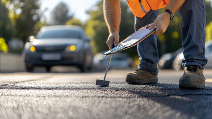 Worker testing asphalt thickness on a sunny suburban street