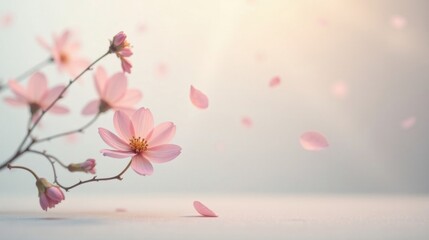 Fototapeta premium Delicate Pink Blossoms and Falling Petals on a Soft Background, Evoking a Sense of Tranquility and Natural Beauty
