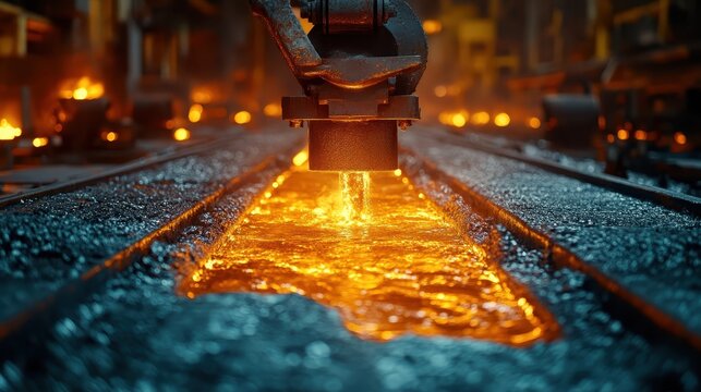 A steel press shaping molten metal into precise forms in a glowing industrial setting.
