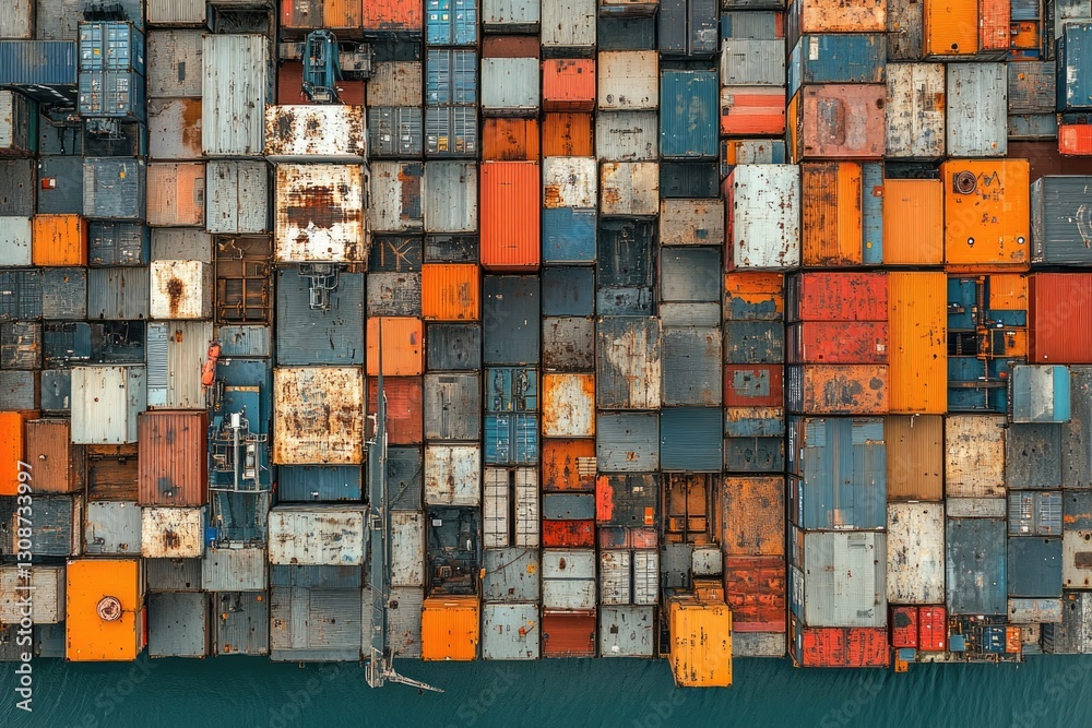 Poster aerial view of a cargo ship densely packed with colorful shipping containers, showcasing global trad