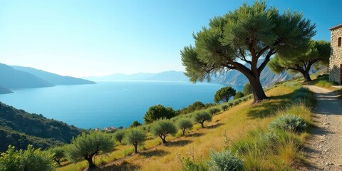 Serene coastal landscape featuring olive grove and stone building, tranquil waters and sunlit hills