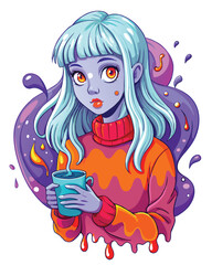 A striking portrait of a young woman with short, silver bangs dramatically streaked with vibrant orange;  intense, almost unsettling gaze.