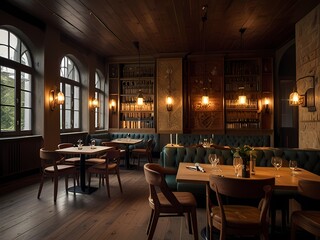 Obraz premium Luxury restaurant interior with dining tables, chairs, and elegant decor