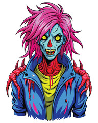 Realistic 3D render of a person with vibrant, neon pink, matted hair, showing texture and detail.  One singular object embedded in the hair.