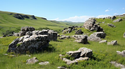scenic view of rocky landscape with large boulders scattered across lush green field under clear blue sky, evoking sense of tranquility and natural beauty