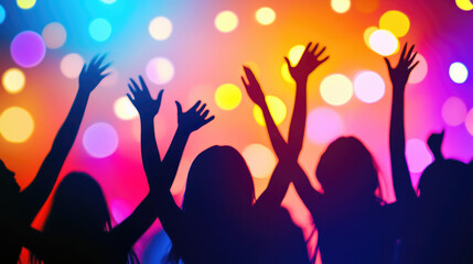 Vibrant party atmosphere with silhouetted dancing crowd and colorful bokeh lights, perfect for celebration and event design