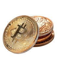 Close-up of Bitcoin coins stacked with a focus on the intricate details and shiny surface showcasing cryptocurrency value
