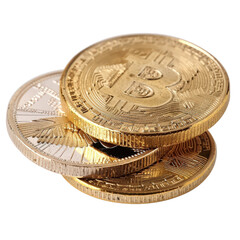 Stacks of gold and silver Bitcoin coins with detailed engravings on a white background for cryptocurrency concept