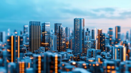 Obraz premium Modern Cityscape at Twilight with Bright Windows and Skyscrapers in Soft Blue and Orange Tones