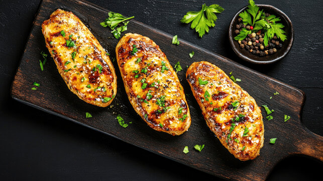 Grilled lamb cutlets on wooden board with fresh herbs and spices for rustic culinary presentation and gastronomic delights