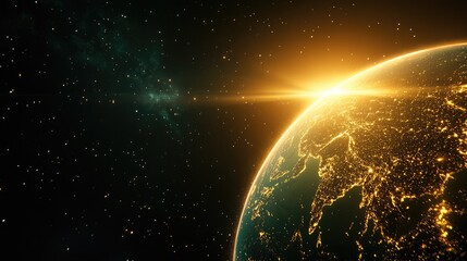 Fototapeta premium Majestic view of earth from spacecraft capturing glowing sunrise over asia and starry sky, perfect for science education and astronomy enthusiasts