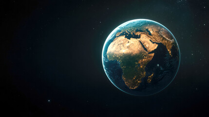 Fototapeta premium View of earth from spacecraft at night featuring illuminated african continent and surrounding stars, suitable for space exploration and science technology concepts