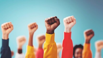 Picture of people raise hand in revolution to change society and get equality. Conflict of woke activist protest for justice in political policy. Teamwork of protester fight against injustice . AIG53.