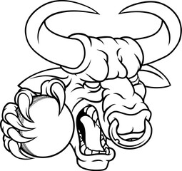A bull or Minotaur monster longhorn cow angry mean cricket mascot cartoon character.