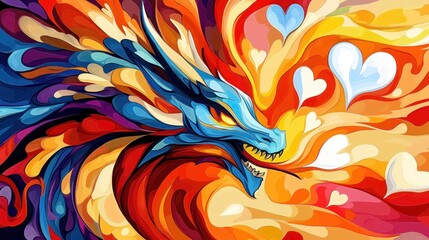 Obraz premium Colorful artistic depiction of a dragon with heart shaped forms