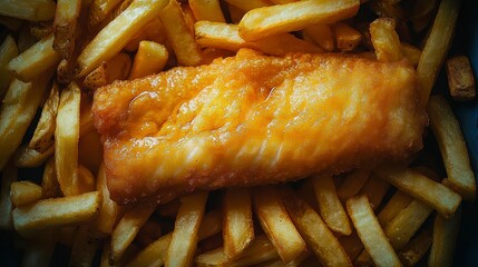 Golden Crispy Delight Indulge in a mouthwatering close-up of classic fish and chips, showcasing the perfect texture and flavor Savor the rich, flaky fish fillet nestled amongst a pile of