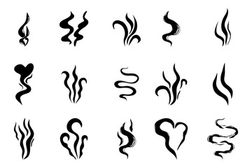 Steam smoke hand drawn line comic doodle. Aroma trail, cloud or wind silhouette. Smells hot air fragrance evaporate set. 