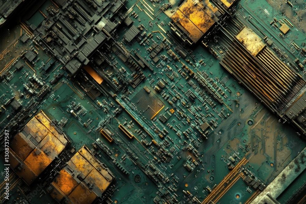 Aufkleber Close-up view of a weathered circuit board, showcasing intricate details and aged components.