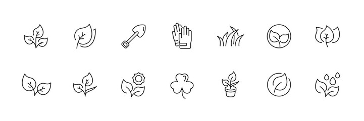Gardening and nature icons set in flat linear style - vector design with plant and leaf elements.