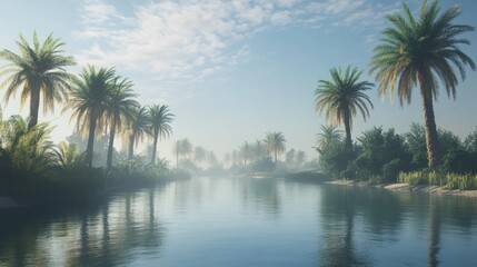 Serene Oasis: Palm Trees and Tranquil River at Dawn