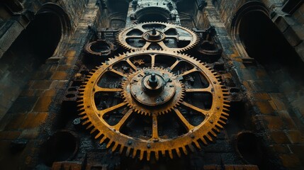 Obraz premium A well-oiled gear system in an ancient clock tower.