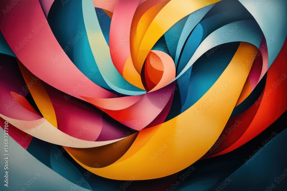 Poster abstract swirling artwork featuring vibrant, multicolored ribbons in a dynamic composition.
