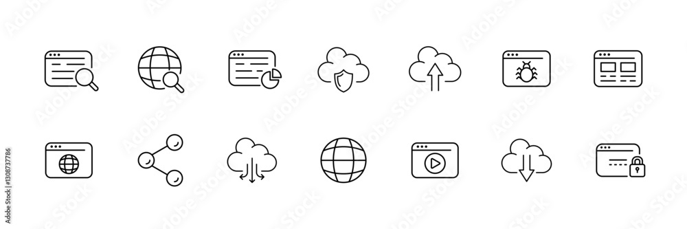 Poster linear icons set of web and cloud computing in flat style.