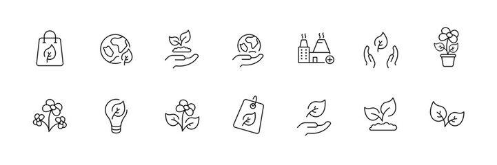 Flat style eco-friendly icons set for sustainability and environmental awareness.