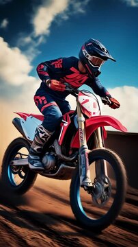 Dynamic action of a motocross rider navigating a dirt track, dramatic motion scene