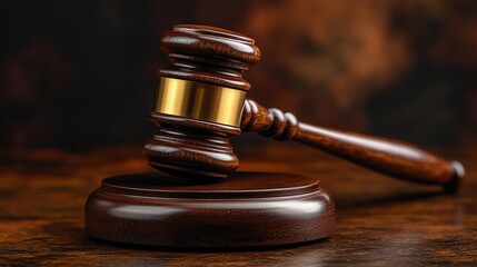 Gavel resting on wooden base in courtroom setting symbolizing justice and legal authority during a trial