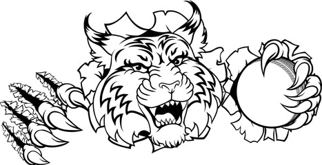 A wildcat or bobcat with a cricket ball animal sports team mascot