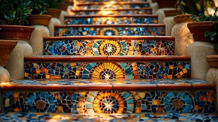 Fototapeta premium Colorful mosaic stairs in a garden setting, sunlight highlights the design