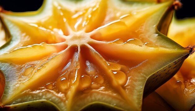 Ultra-macro shot of a symmetrical starfruit slice, showcasing its unique star-shaped form and detailed texture, emphasizing its natural geometry and freshness.starfruit, ultra-macro, fruit slice, symm