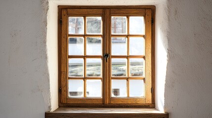 Fototapeta premium Old wooden window in white wall, sunlight.