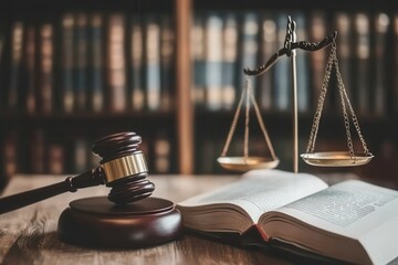 Law justice elements of the legal system including gavel, scales, and law books
