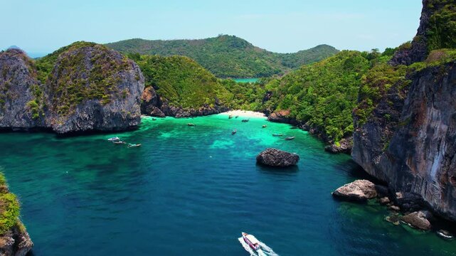 Aerial drone Landscape Turquoise lagoon Nui beach koh Phi Phi Don island, Krabi, Thailand.