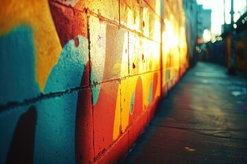Fototapeta premium Vibrant graffiti art adorns a brick wall, bathed in warm sunset light, creating a striking urban scene.