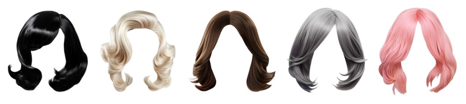 Collection Set of wig hair hairpiece, hairstyle disguise hairdo on transparent cutout PNG. Many different style, shoulder length black blond grey pink brunette wavy fringe. Mockup template for design