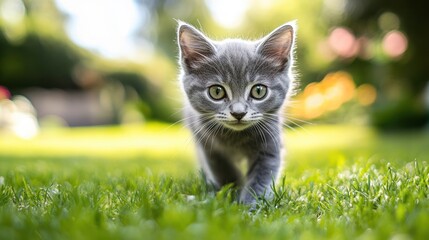 Kitten walks in garden sunlight