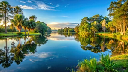 Obraz premium Serene lake water surface reflection in the morning light with surrounding greenery and trees at Tranquil Overlook Park, serene atmosphere, Florida landscape