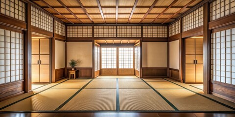 Traditional Japanese tatami room with low ceiling and shoji screens, minimalism
