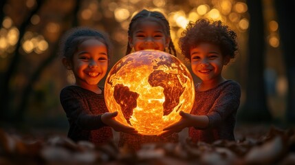 Naklejka premium Children holding a glowing earth globe among autumn leaves during sunset in a playful and imaginative atmosphere
