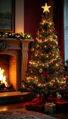 Fototapeta premium Ornamented Christmas tree beside glowing fireplace , fire, fir