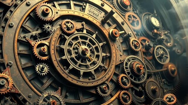  Intricate steampunk clockwork mechanism with weathered gears. Concept of precision, vintage, industry