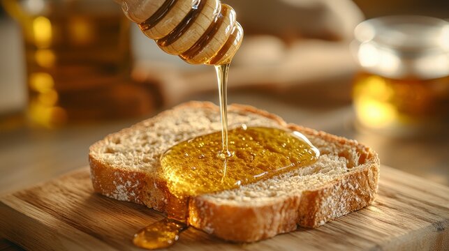 Golden Honey Drizzled on Whole Wheat Bread A Delicious and Healthy Breakfast Option, Showcasing the Natural Sweetness and Nutritional Benefits of Honey Enjoy a Simple Yet Satisfying Treat with Every
