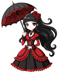 Illustrate a cute gothic girl with long, flowing black hair, wearing dark, kawaii-styled clothing.  Include subtle gothic details and a sweet expression.