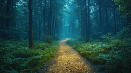 Fototapeta premium Misty forest path at twilight with ferns, ethereal light
